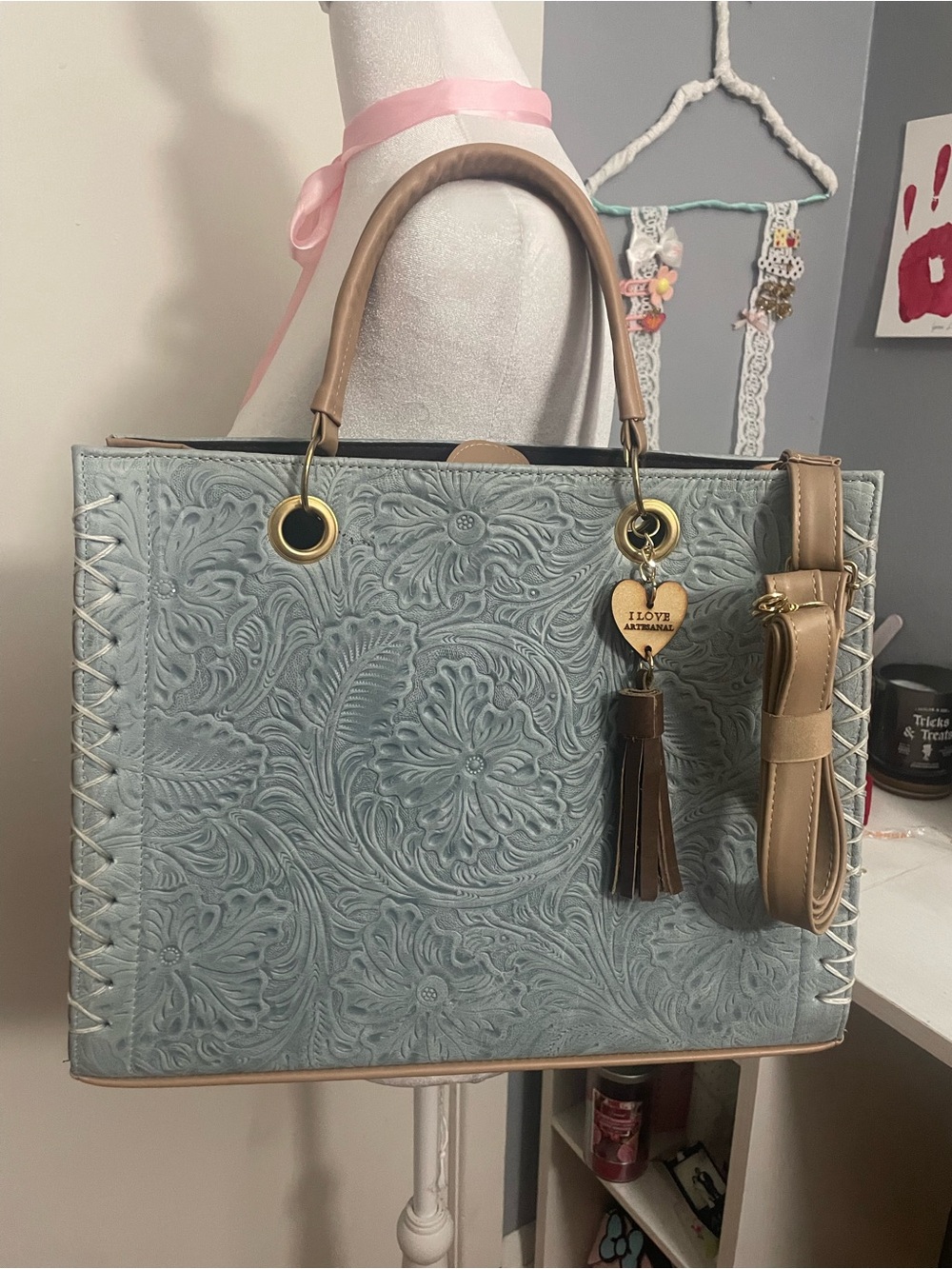 Embossed Floral Tote Bag with Tassel Charm - Light Blue & Tan